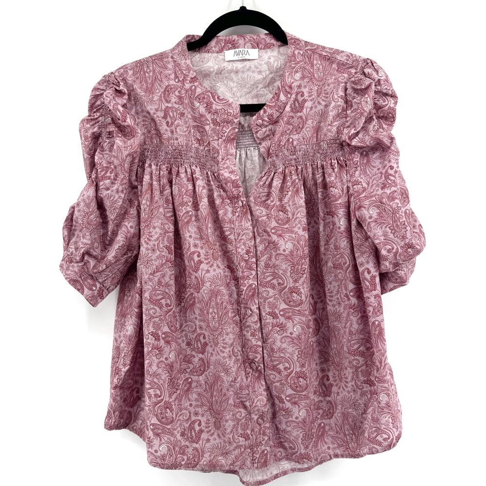 Avara Paisley Puff Sleeve Blouse Size XL Pink Floral Gathered Sleeve Smocked